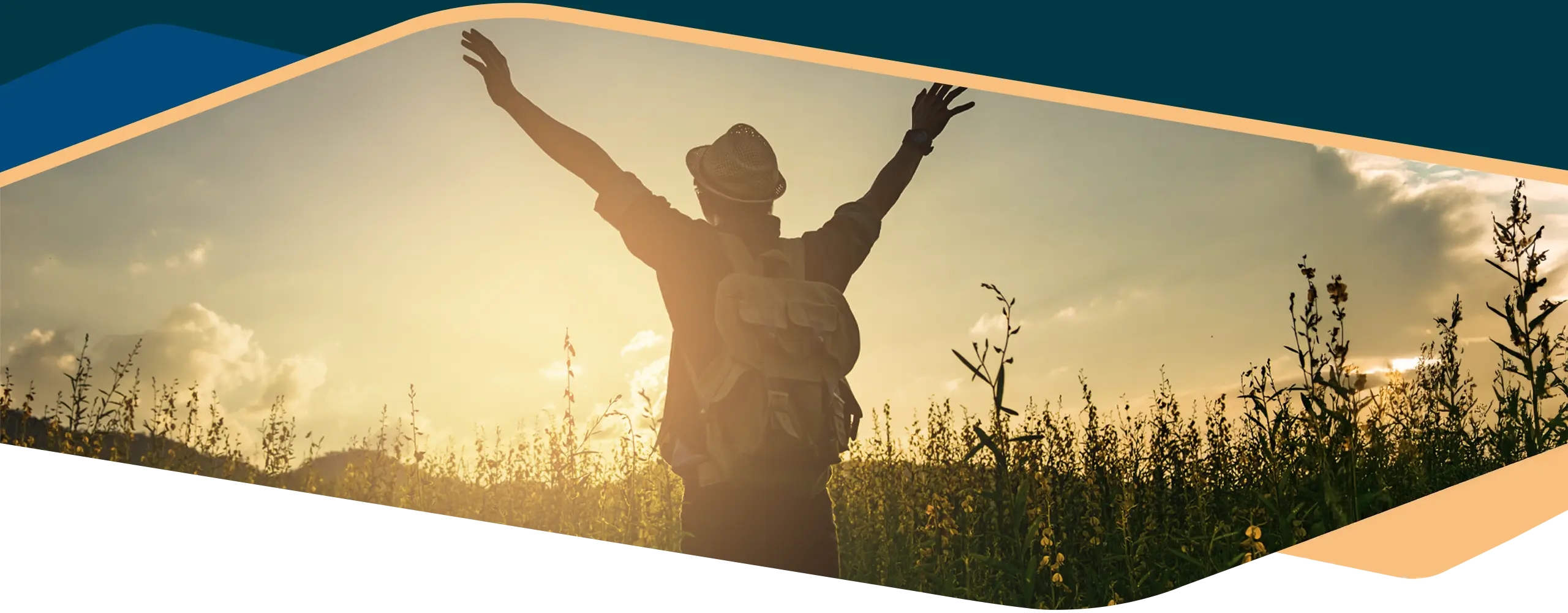 Chiropractic Northfield MN HP A person with a backpack standing in a field of tall flowers, raising their arms toward the sky during a golden sunset.